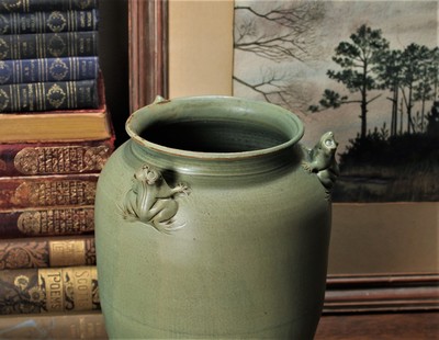 Art Pottery Vase With Frog Figures Matte Green Glaze