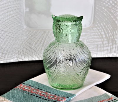 Antique Green Glass Water Carafe and Tumbler Owl