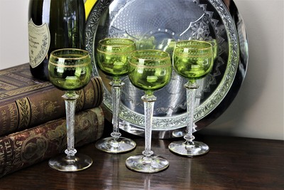 St Louis Crystal Hock Glasses, Etched Peridot Bowls and Air Twist Stems